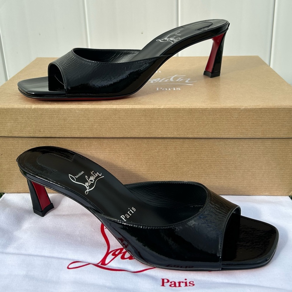 CHRISTIAN LOUBOUTIN CONDORA MULE 55 BLACK PAT. LEATHER SANDAL MID HEEL 37.5 NEW - Picture 12 of 16